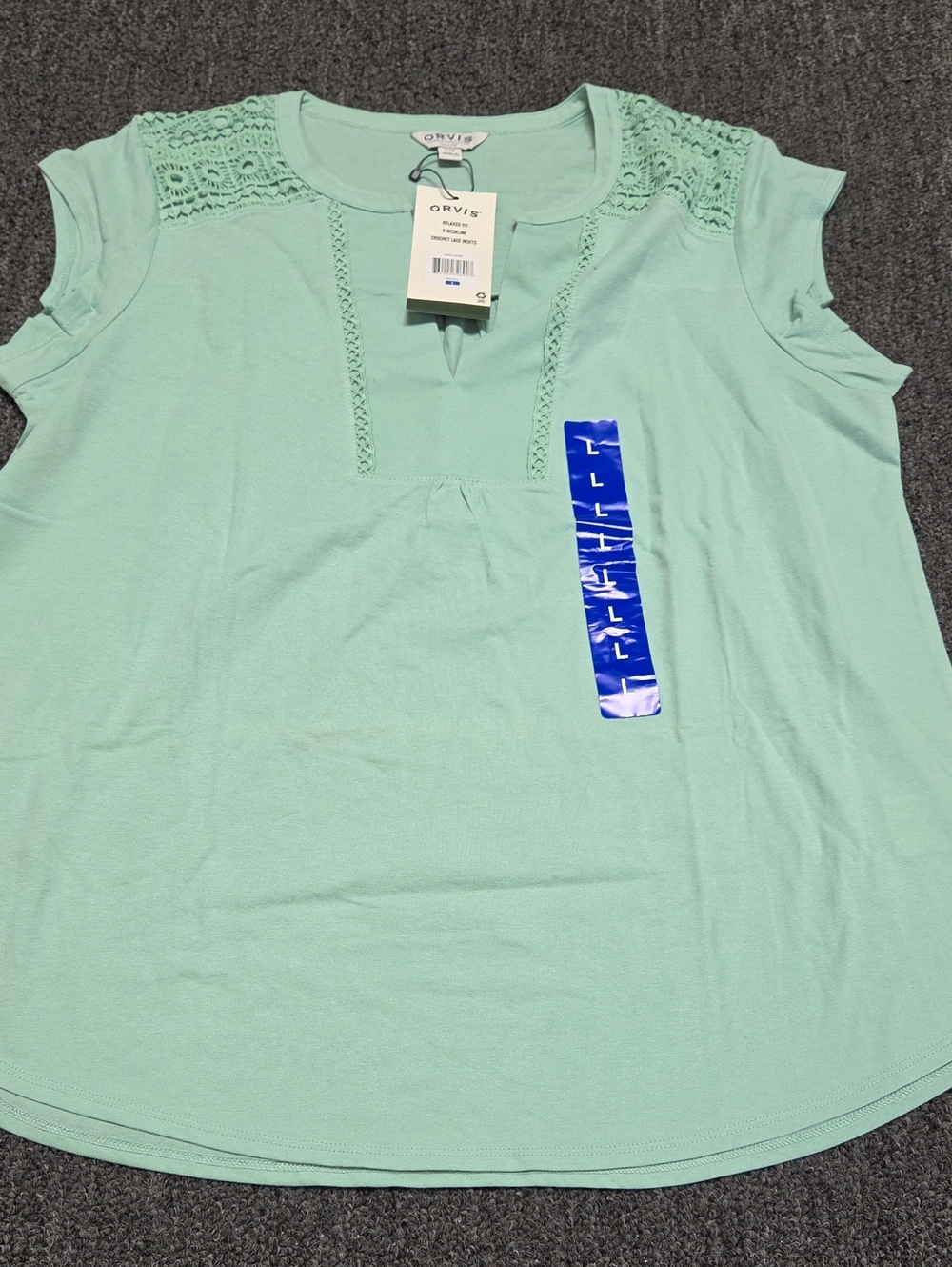 (#5C) Orvis Mint Green Crochet Yoke Short Sleeve Tee